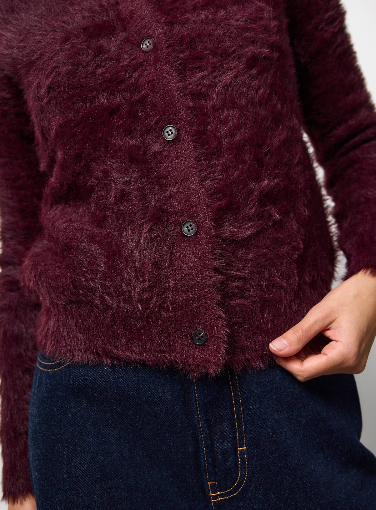 Dark Red Crew Neck Eyelash Knit Cardigan 18 - Image 3